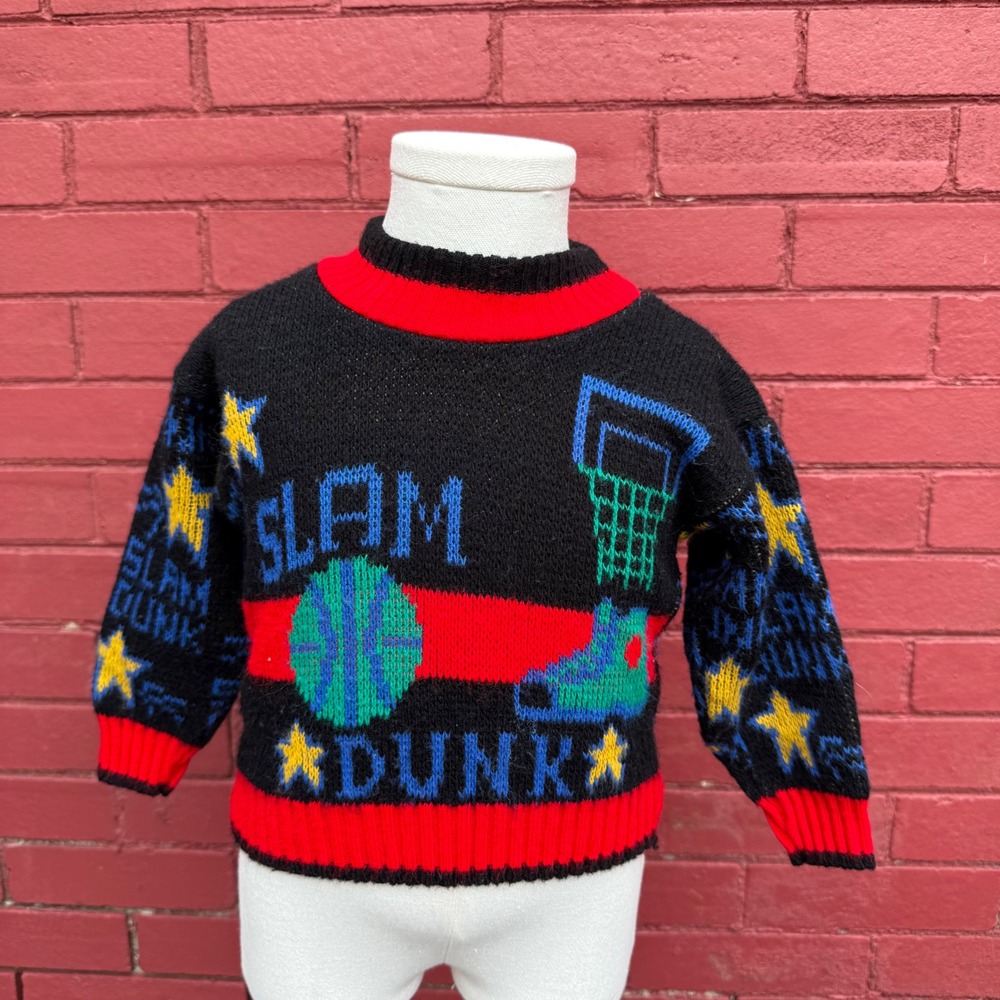 Vtg 90s Honors Slam Dunk Basketball Knit Sweater Stars 18‎ Months USA Sports